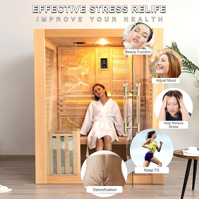 Smartmak Wood Home Steam Sauna, 3 Person Canadian Hemlock Traditional Luxurious Wooden Indoor Spa Room, with 3.5 kw Heater, Bluetooth Speaker, Rocks, Water Bucket, Spoon, Lights, US Instock