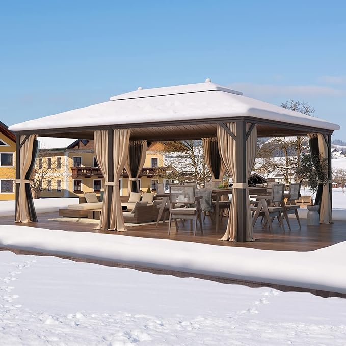 MELLCOM 14' x 20' Hardtop Gazebo,Galvanized Steel Metal Double Roof with Curtain and Netting,Brown Permanent Pavilion Gazebos with Aluminum Frame for Patios,Gardens,Lawns