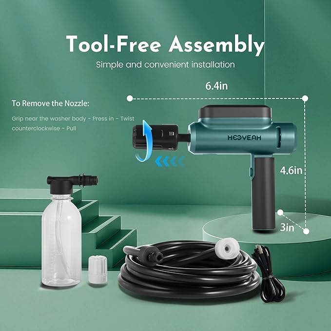 Hooyeah Portable Cordless Pressure Washer, Lithium Battery Powered Handheld Water Sprayer, Max 217 PSI, 5-in-1 Nozzle & Foam Pot, Type-C Charging Foldable Pressure Washer Gun for Car, Bikes, Patios