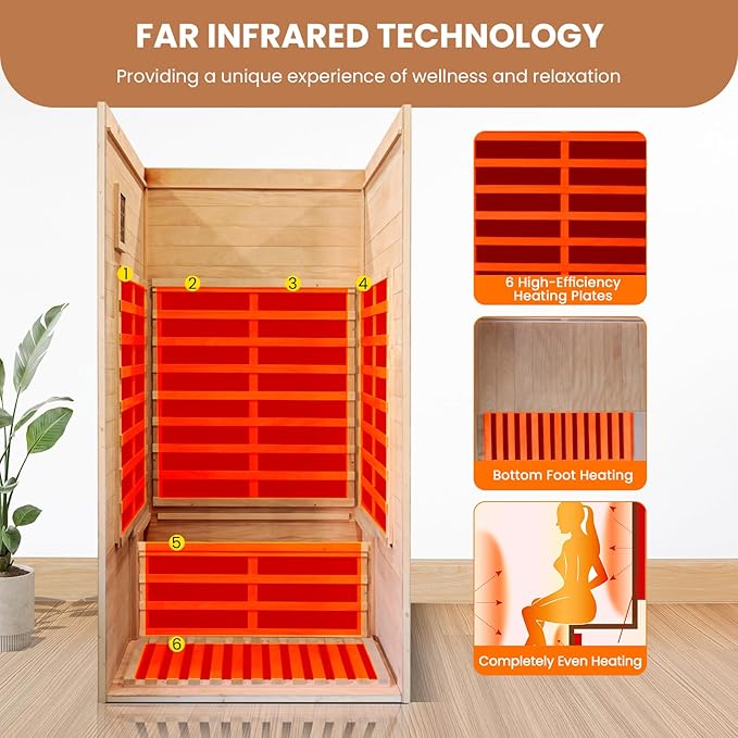Sauna, Far Infrared Saunas for Home Room 1550W/110V Indoor Sauna for Single Person Okoume Wood Sauna Spacious 1 - 2 Person Low EMF Dry Sauna with Speakers/Air Hole and Color Lighting 39.4*35.4*74.8 IN