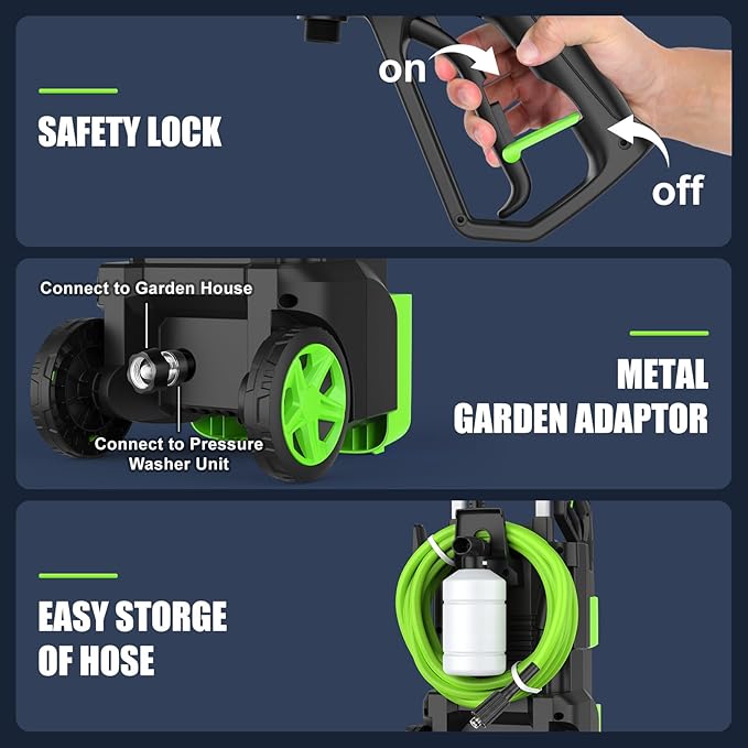 Adjustable Pressure Cleaner with 33FT Flexible Extension Hose + 34FT Power Cord, 4 Nozzles, Foam Cannon, Best Power Cleaner for Cars, Patios, Driveways, Green
