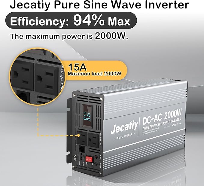2AC 2000W Pure Sine Wave Inverter, Convert DC 12V to AC 110V 120V, 18W USB, and 30W Type-C Charging Ports, Car Solar Power Inverters for Truck, Home, Vehicles, RV