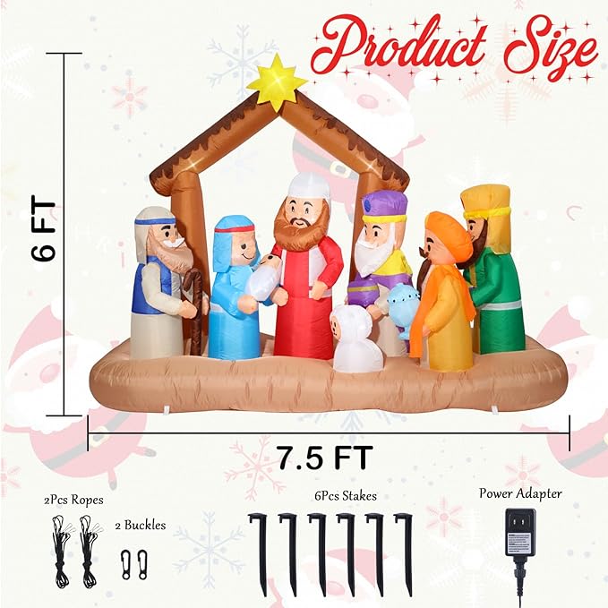 VCUTEKA Christmas Inflatables Outdoor Decorations, 7FT Inflatable Nativity Scene Manger Set with Sheep Stable Jesus Blow Up Built-in LED Lights for Holiday Yard Garden Lawn Xmas Decor