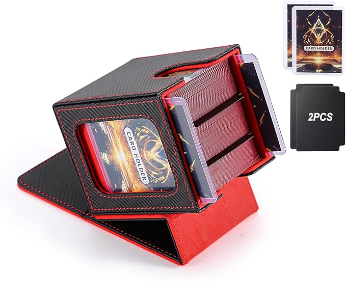 MTG Deck Box, Double Display Window MTG, Commander Deck Box Fits 120+ Single Sleeved Cards, PU Leather Magnetic Closure Card Box with 2 Dividers&2 Toploaders for TCG, CCG, Black/Red