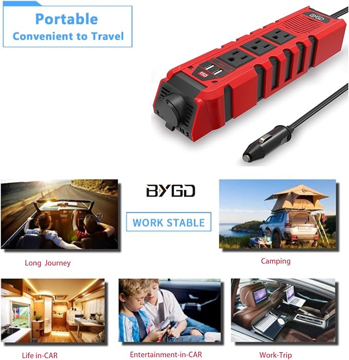 150W Car Power Inverter DC 12V to 110V AC Converter with 3 AC Outlets 2 Quick Charger 4.8A Dual USB Ports Cigarette Lighter Socket Charger Adapter