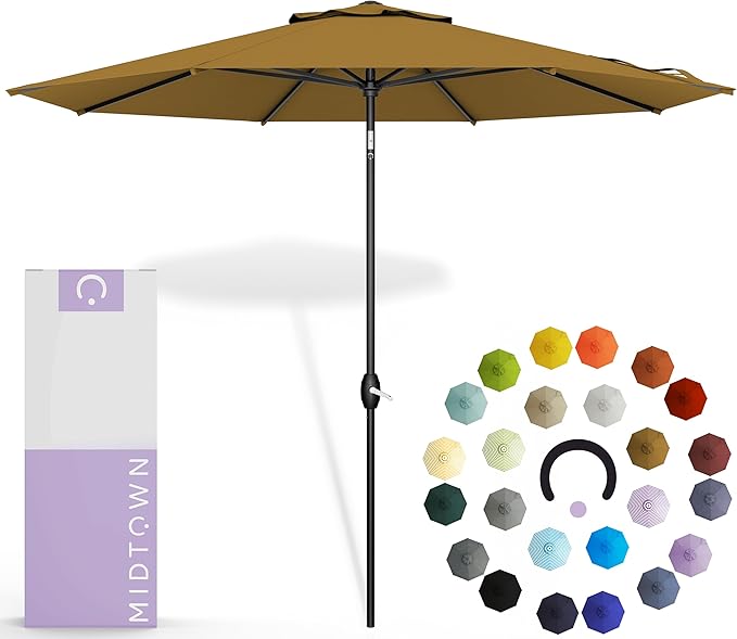 Midtown Umbrellas 10-Year-No-Fade - 10 Ft - UV Proof Sand (Tan) Polyester Fabric - Umbrella Outdoor Patio, Aluminum Frame Large Patio Umbrella for Garden, Pool & Deck - Black Pole