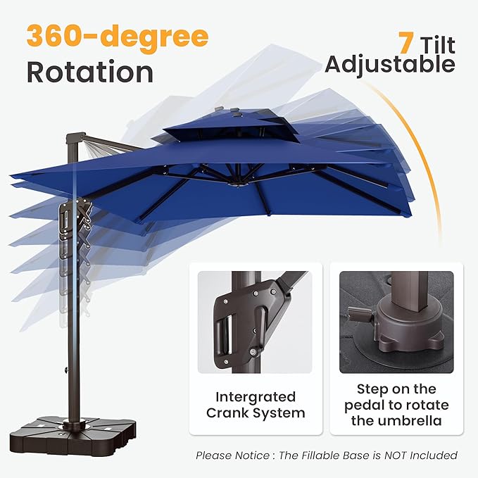 9x12 FT Cantilever Patio Umbrella with Base Included Double Top Outdoor Rectangular Large Heavy Duty Aluminum Offset Umbrellas with 7 Level Tilt 360-degree Rotation for Pool Garden Deck, Navy