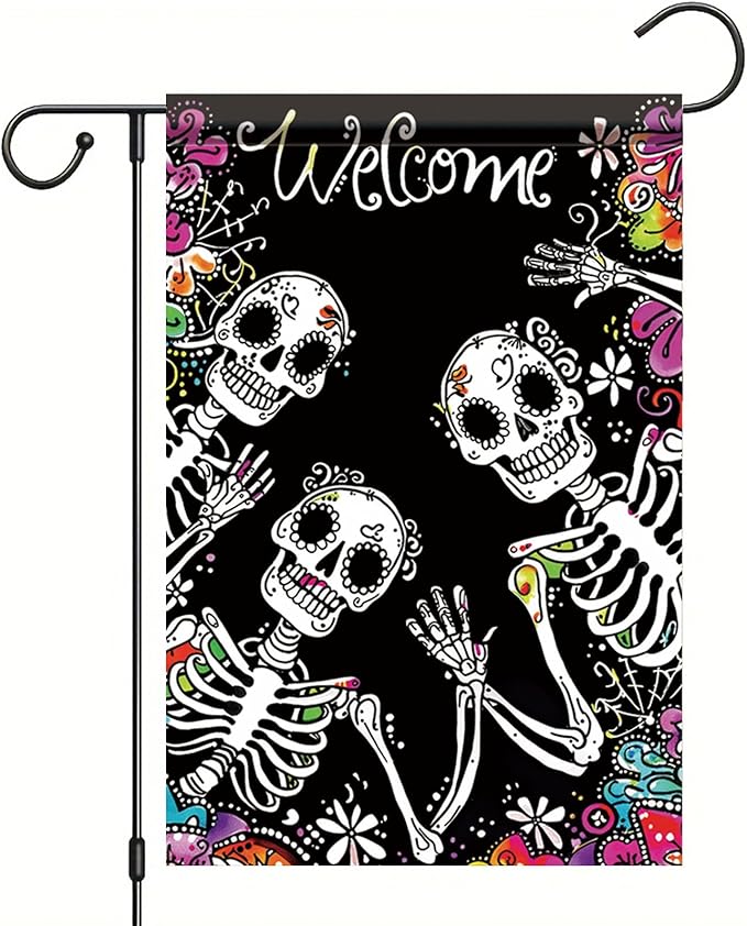 Halloween Skeleton Garden Flag 12x18 Inch Double Sided for Outside Skeletons with Flowers Yard Flag for Outdoor Holiday Home Decor