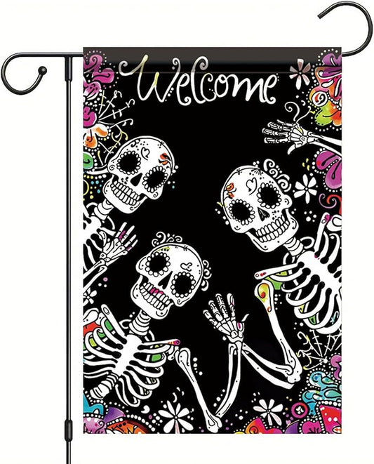 Halloween Skeleton Garden Flag 12x18 Inch Double Sided for Outside Skeletons with Flowers Yard Flag for Outdoor Holiday Home Decor