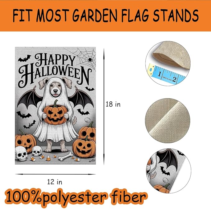HTBIG Happy Halloween Garden Flag, Halloween Ghost Golden Retriever Dog Decor Flag, Yard Flags for Outside 12x18 inch, Outside Yard for Home Decorations