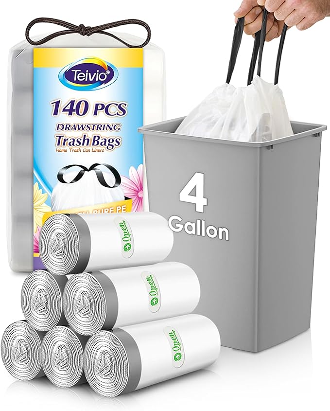 4 Gallon 140 Counts Strong Drawstring Trash Bags Garbage Bags by Teivio, Bathroom Trash Can Bin Liners, Small Plastic Bags for home office kitchen, White