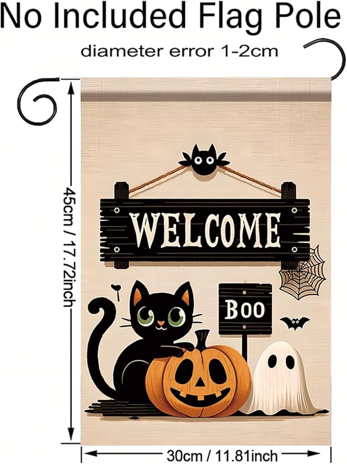 Halloween Black Cat Welcome Garden Flag 12x18 Inch Double Sided for Outside Cute Cat Pumpkin Ghost Yard Flag for Outdoor Holiday Home Decor