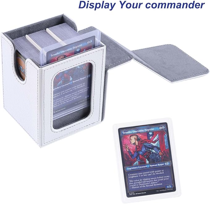 AFIING MTG Deck Box for Commander Display, Fits 100 Double Sleeved Cards, Magic Commander TCG Card Storage Box with 2 Dividers, Drawstring Bag and 1 Toploader (White/Grey)