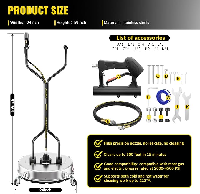 Doniks 24 Inch Pressure Washer Surface Cleaner with 4 Wheels,Dual Handle,Stainless Steel Housing,4500 PSI Power Washer Accessory for Concrete, Patio, Sidewalk, Deck, Driveways and Daily Washing