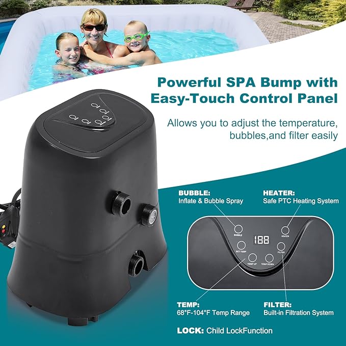 73"X73"X25" Hottub, 4-6 Person Inflatable Hot Tub, Portable Blow Up Hot Tub Square Portable Outdoor Spa with 130 Bubble Jets and Heater Pump, Filter