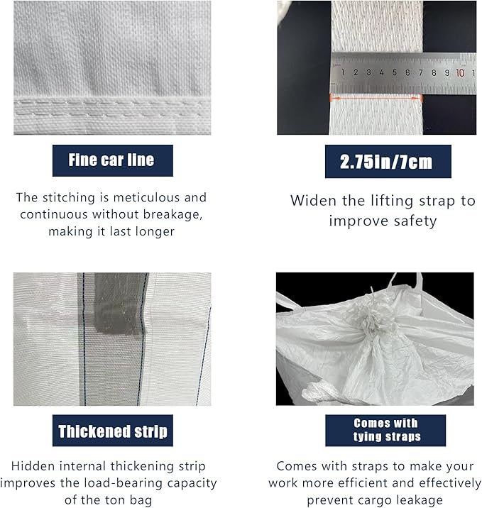 FIBC Bulk Bag - 2650 lbs Capacity, 39x39x39 inches, Polypropylene (PP), Open Top, White, Rectangular, Reusable, 5-Pack