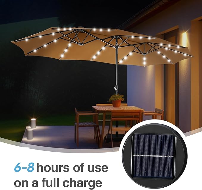 GREEN PARTY 15 ft Rectangle Patio Umbrella with Solar Lights and Base Included, Double-Sided Market Table Umbrella with Crank, Large Outdoor Umbrellas for Patio Poolside Garden Backyard, Tawny