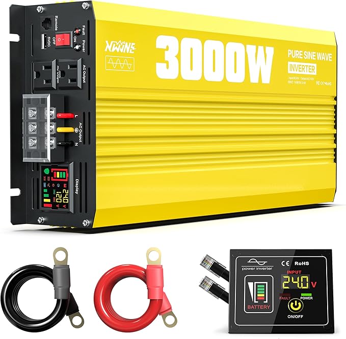 XWJNE 3000W Pure Sine Wave Power Inverter 24V DC to 120V AC Converter with LED Display and Remote Controller for Home, RV, Truck, Off-Grid Solar Power