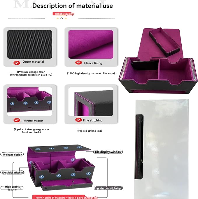 Card Deck Box for mtg – Fits 100+ Double-Sleeved Cards, Dual Commander Display with Dice Tray, PU Leather Organizer for TCG, CCG, Sports Cards (Black&Purple)