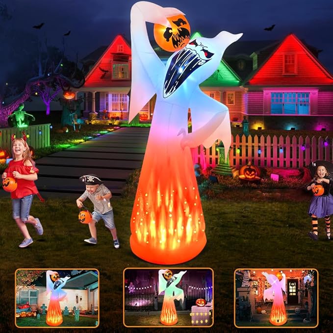 10 FT Halloween Inflatables Ghost with Pumpkin Decoration, Built in Flame Rotation LEDs Huge Halloween Inflatable Large Spooky Blow Ups Halloween, Party, Indoor, Outdoor, Garden, Yard Lawn