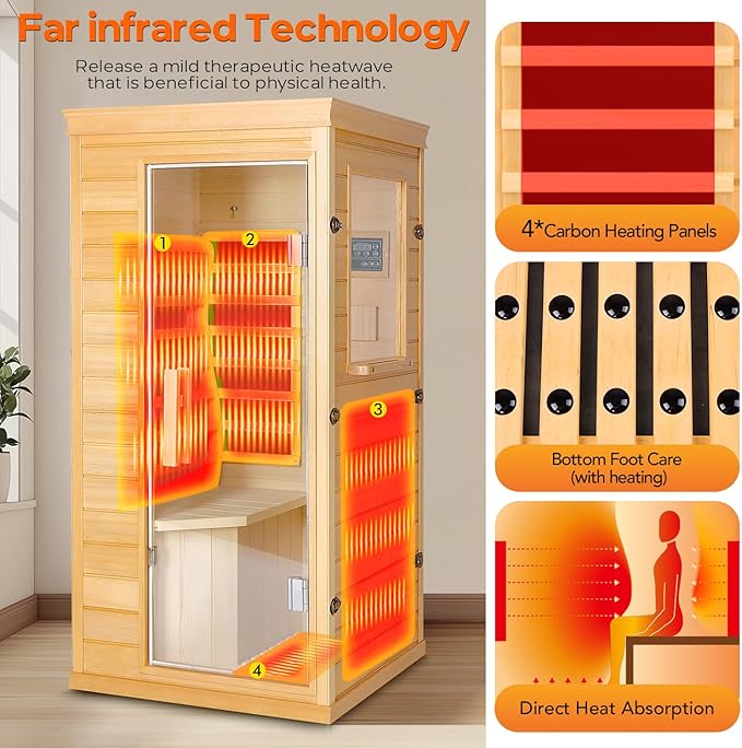 Far Infrared Sauna - 1 Person Infrared Sauna Red Light Therapy for Home, 850W 110V Canadian Hemlock Wood Saunas with Control Panel/Tempered Glass Door/Speakers, Mini Sauna Dry Room (Wood)