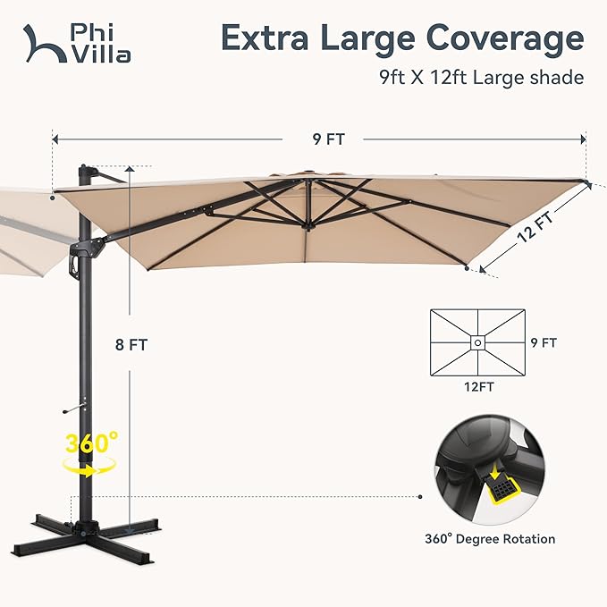 PHI VILLA 9'x12' Outdoor Patio Deck Umbrella with Base. 360° Rotation & 6-Level Tilt with Easy Crank Handle. Rectangle Offset Cantilever Umbrella Heavy Duty for Garden Poolside Backyard (Beige)