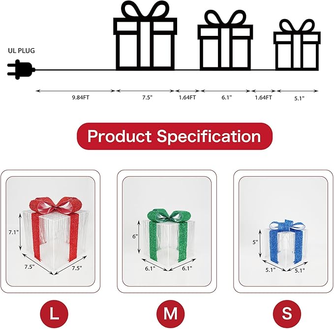 Set of 3 Christmas Lighted Gift Boxes, 140 LED Light Up Present Boxes for Christmas Decorations Indoor Outdoor Yard Xmas Tree Holiday Party Lawn Porch Home Decor (3 Colored Bow)