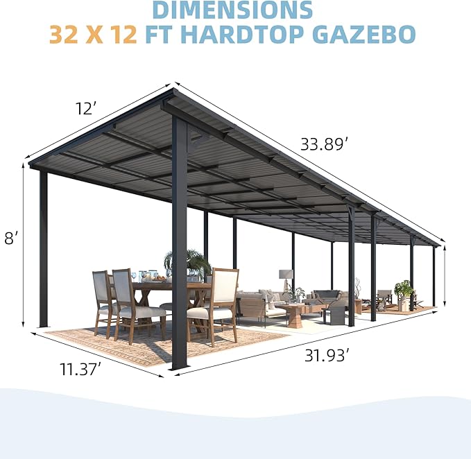 AECOJOY 32' x 12' Gazebo for Patio, Large Wall-Mounted Hard Top Lean-to Gazebo Pergola with Roof 12' x 32' on Clearance, Heavy Duty Patio Awnings for Decks, Backyard