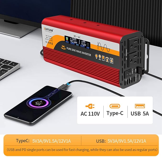 1000W Pure Sine Wave Inverter (2000W Peak), 12V/24V Auto-Detect, 50Hz/60Hz Switchable, LCD Display, Type-C Fast Charging, Silent Design, Overload & Overheat Protection for RV, Home (RED-1000W)