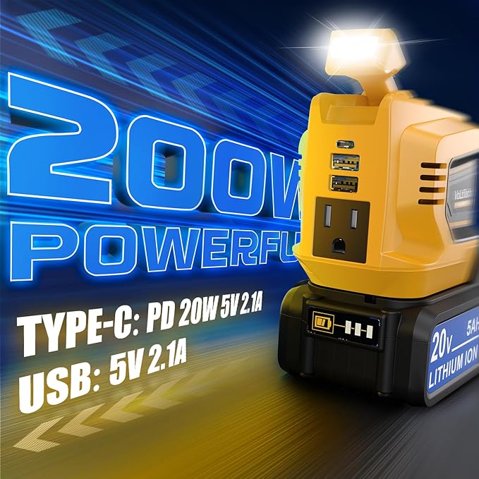 Real 200W Power Inverter Compatible With Dewalt 20V, VoLtTech Battery Inverter DC 20V to AC 110V-120V, Phone Charger Power Adapter with a 5AH Battery & Charging Station, with 2 USB-A & 1 Type-C & 1 AC