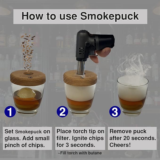 Cocktail Smoker Kit - Made in USA - Lifetime Warrenty - Apple+Cherry+Walnut Wood Chips - Create Smoked Old Fashioned - Great Bourbon Gift - Premium Torch & NEW Gift Box. (Includes Butane)