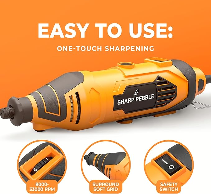 Sharp Pebble Electric Chainsaw Sharpener Kit - Comes with Chain Saw Sharpener Tool, 4 File Size Sharpening Wheel Bits, Angle Attachment, Wrench & eBook