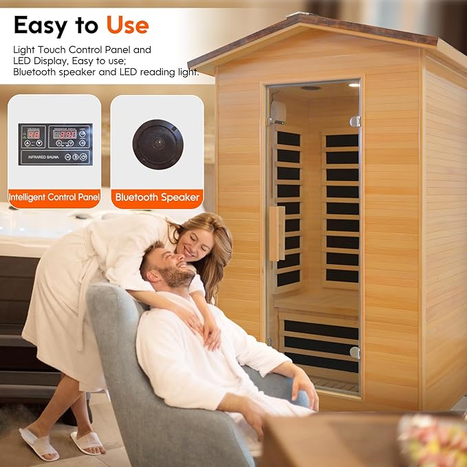 Outdoor Sauna Far Infrared Saunas Dry Sauna Room Canadian Hemlock Wood Wooden Sauna Spa 1950W Low-EMF with Cup Holder and Towel Rack for Two Person 47 * 39 * 82inch