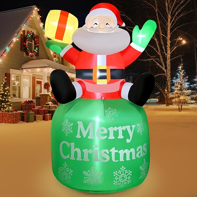 2025 Christamas Inflatable Santa 8FT Sitted Santa Claus with Gift Box Christamas Inflatables Outdoor Decorations Xmas Santa Blow Up Yard Decor with Built-in 5 LEDs for Holiday Party Yard Garden Lawn