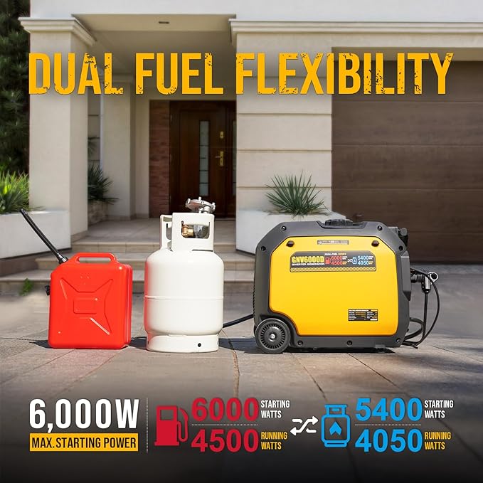 6000W Dual Fuel Inverter Generator, Gas & Propane Powered, RV Ready Electric Start, Super Quiet, 120V/240V with CO Sensor Portable Generator for RV, Camping or Emergency