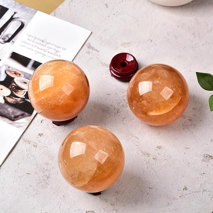 JIC Gem Stripe Orange Calcite Sphere Ball 3.5inch with Wood Stand for Fengshui Healing and Decoration