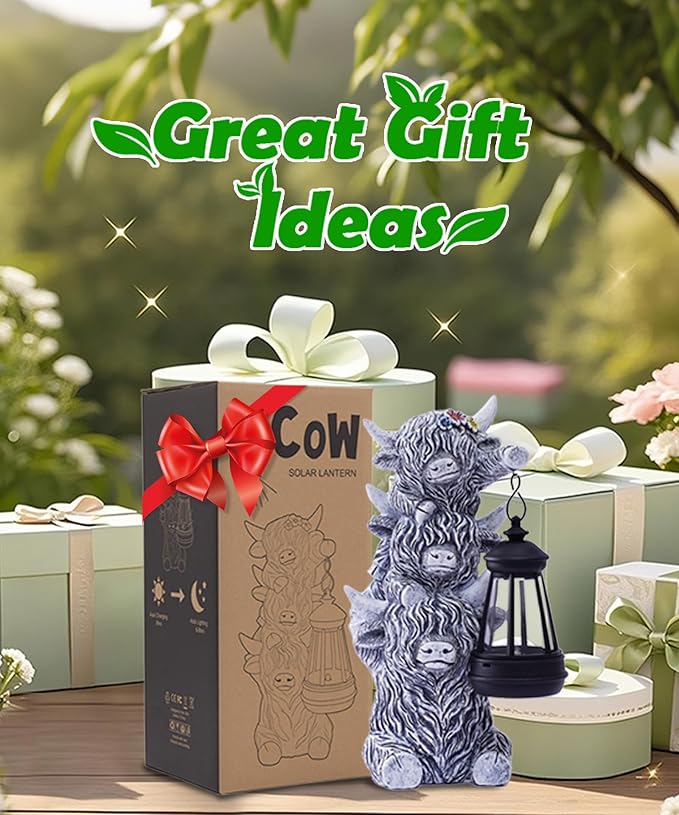 Solar Highland Cow Outdoor Decor:Garden Statue Outside Lantern Ornaments for Yard Lawn Patio Porch- Unique Gifts for Mom Women Grandma(Grey)