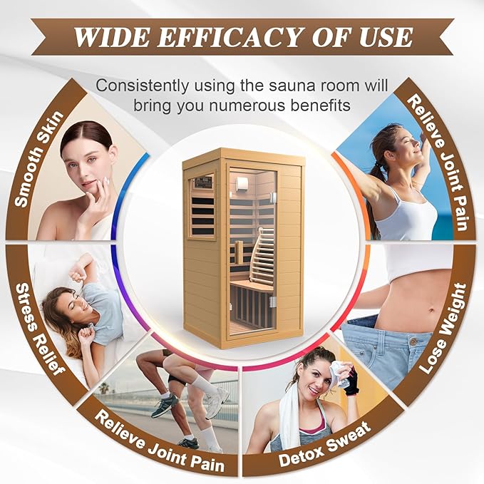 Upgraded 1 Person Sauna Infrared Sauna with Backrest, Hemlock Dry Sauna Indoor Wood Sauna for Home, 1062W 110V Low EMF Far Infrared Sauna with Integrated Speakers, Reading Lamp (Brown)