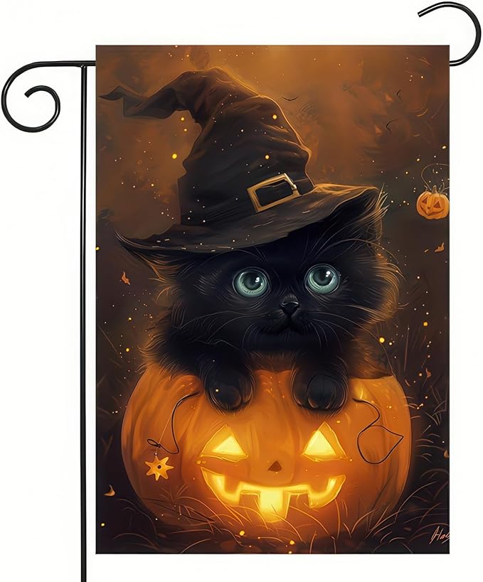 Halloween Garden Flag Black Cat Witch Hat Pumpkin Garden Flag Double Sided Vertical Welcome Flag Holiday Outdoor Yard Lawn Decorations 12x18 Inch