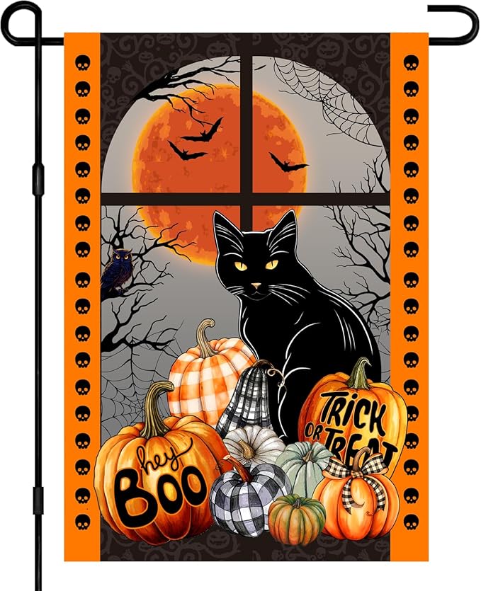 Black Cat Halloween Flag, Pumpkin Trick or Treat Boo Flag, Holiday Yard Flag, Garden Flag 12x18 Double Side