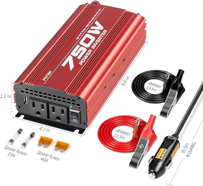 POTEK 750W Power Inverter DC 12V to AC 115V Car Converter with 2A USB Charging Port