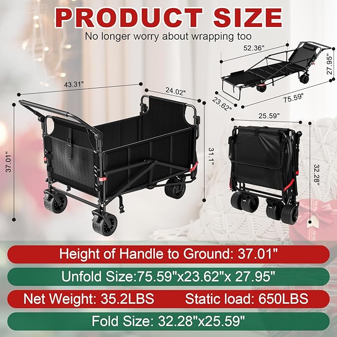 LEVELEVE Heavy Duty Folding Wagon - 2-in-1 Collapsible Cart, 650lb Capacity, All-Terrain Wheels w/Brakes & Side Pockets (Black)