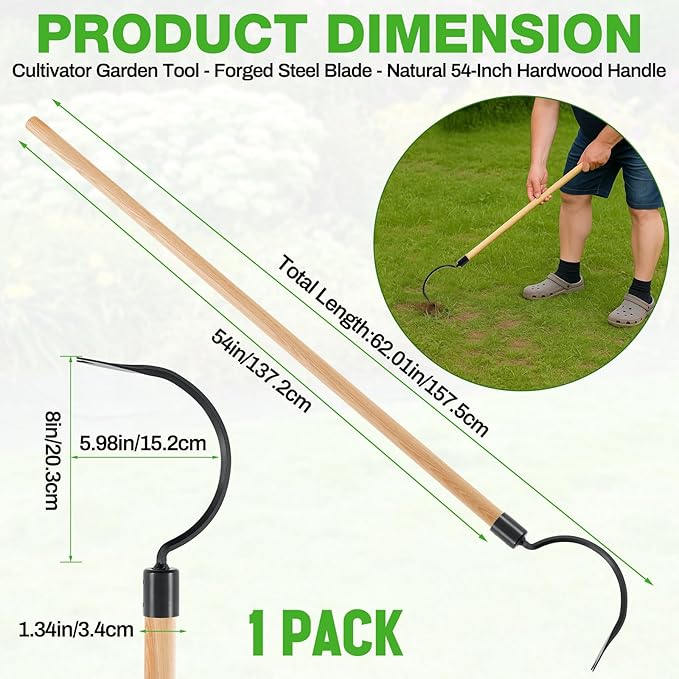 Long Handle Weeder Hook Garden Weeder Tool Versatile Cultivator Garden Tool 54 Inch Hardwood Handle with 8 Inch Alloy Steel Blade for Gardening, Yard, Lawn, Patio Digging, Edging and Planting