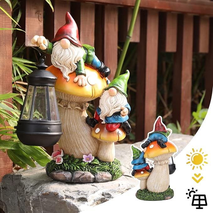 Garden Gnome Statue, Large Funny Gnome Figurine Climbing on Mushroom and Holding a Solar LED Lantern Resin Ornament for Patio Yard Lawn Porch Outdoor Decor