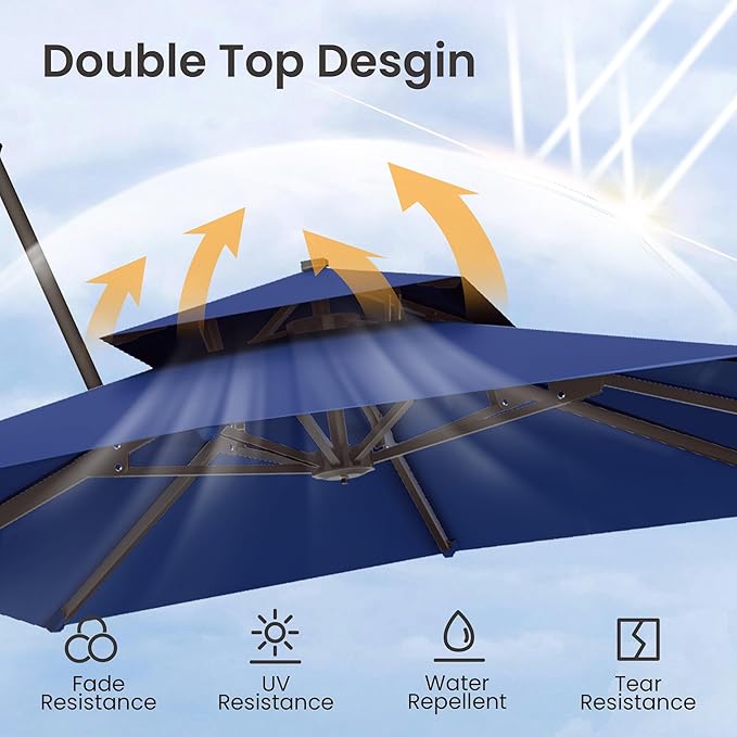 9x12 FT Cantilever Patio Umbrella Double Top Outdoor Rectangular Large Heavy Duty Aluminum Offset Umbrellas with 7 Level Tilt 360-degree Rotation for Pool Garden Deck, Navy