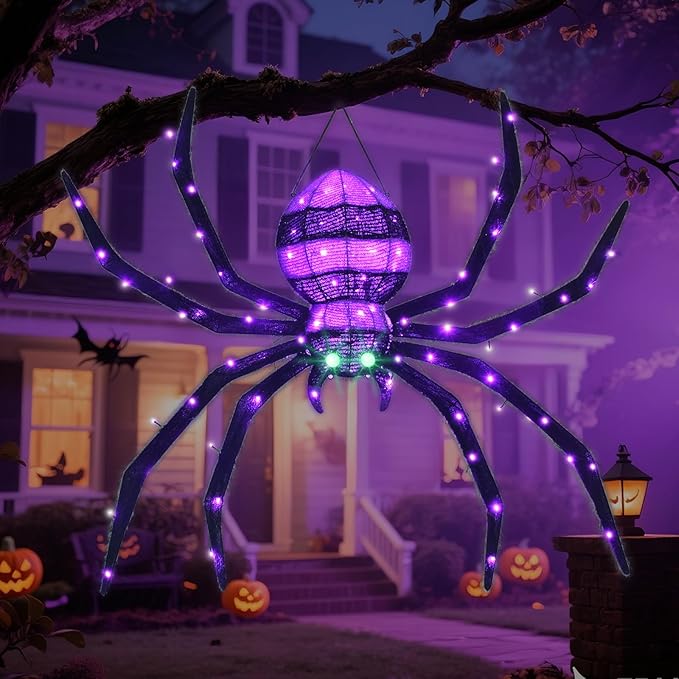 HOYECHI Halloween Decorations Outdoor Hanging Spider - 4.2FT Giant Climb The Wall Spider Halloween Decor, Light Up Spider with 90 LED Lights, for Front Yard Porch Roof Party Outside - Black