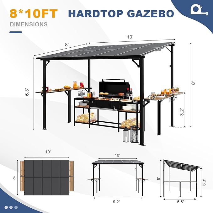 MEISSALIVVE 8' x 10' Wall Mounted Gazebo, Outdoor BBQ Grill Gazebo with Side Shelf, Lean to Metal Awnings with Sloped Roof, Heavy Duty Pergola for Backyard, Deck, Black