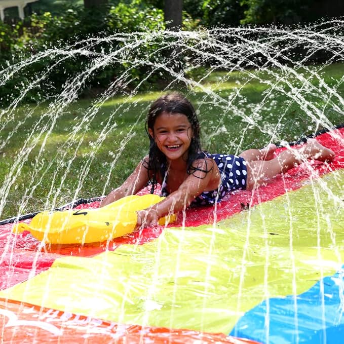 JAMBO Premium 16Ft Slip Splash and Slide and 3 Bodyboards, Heavy Duty Water Slide - 3-Way Sprinkler System, Splash Mat Pad, Backyard Outdoor Water Toys n Slides for Kids