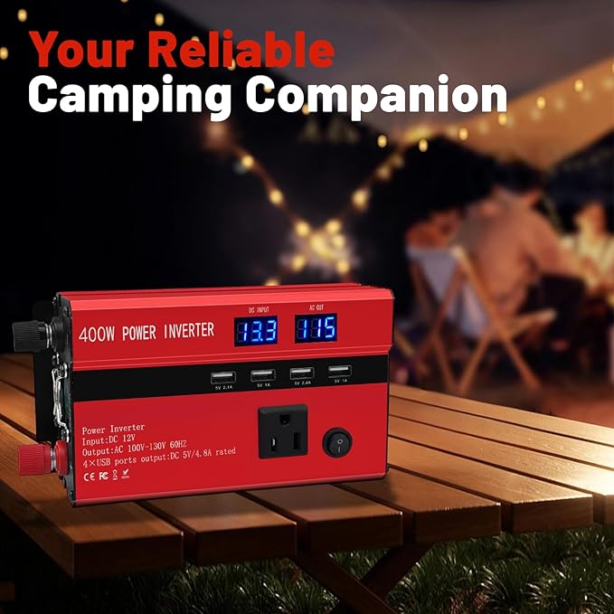 400W Power Inverters for Vehicles, Car Power Inverters DC 12V to 110V AC Car Plug Adapter Outlet with 2 Type-C (Equip with 2 USB), Fast Charger for Phone, Laptop