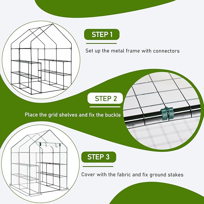 Outvita Walk-in Greenhouse, Outdoor Durable PE Plant Green House for Frost Protection with 3 Tiers 8 Shelves, Shelf Clips, Roll-up Zipper Door, 56"x56"x77" White
